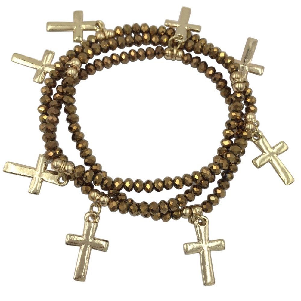 Brown Glass Stretch Wrap Gold Tone Cross Dangle Charms Bracelet or Necklace